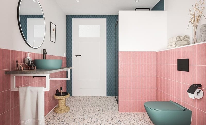 Een retro badkamer met een ronde badkamerspiegel